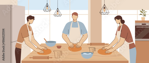 Three faceless people in aprons kneading dough together on a large wooden table during a culinary masterclass in a modern, sunlit kitchen interior, a flat vector illustration