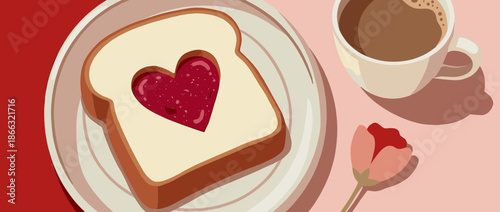 Slice of bread with a heart-shaped jam cutout on a plate, part of a romantic breakfast with coffee and a flower for Valentine's Day, a flat vector illustration