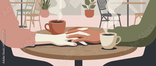 Diverse couple's hands gently holding each other on a wooden table with two steaming cups of coffee in a cozy cafe, illustrating a romantic date, love, and intimacy
