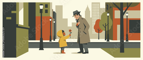 Child in a yellow hooded raincoat gives a flower to a man in a fedora hat on a city street in a flat, graphic illustration with a muted, retro color palette