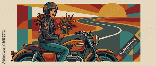 Stylish woman in a helmet and leather jacket riding a vintage motorcycle on a winding road, holding a bouquet of wildflowers in a retro 70s illustration style