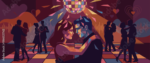 Stylized illustration of a romantic couple dancing closely on a colorful dance floor under a disco ball in a vibrant nightclub with silhouettes of other people