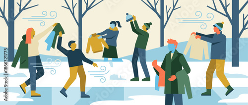 Group of diverse people donating warm clothes during a winter charity drive in a snowy park with wind blowing, depicted in a flat minimalist illustration style