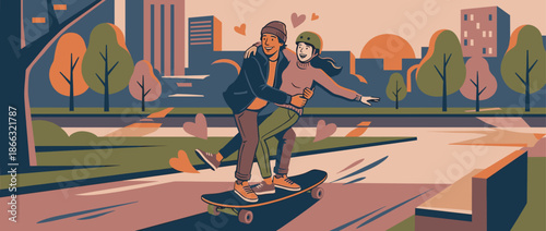 Romantic young couple riding one skateboard together in a modern flat illustration style, enjoying a date in a city park with a cityscape background at sunset