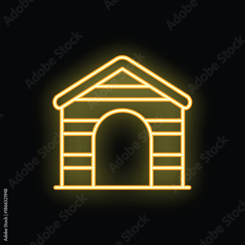 Yellow neon sign icon of a wooden doghouse is glowing on a black background