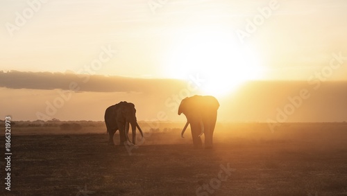 Backlight, African elephant (Loxodonta africana), the famous Super Tusker elephant Craig and Pascal, old bull elephants with long tusks, at sunset, Amboseli, Kenya