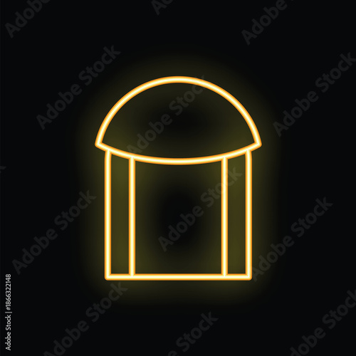 Glowing neon icon representing a well with a roof, on a black background