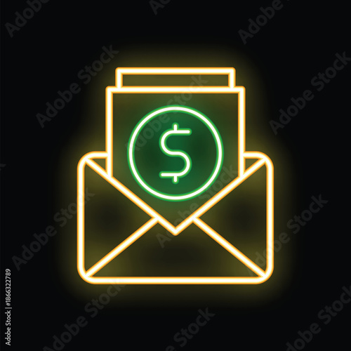 Neon icon of an envelope containing money illustrating online payment