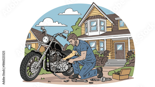 Stylized Vector Illustration of Man Repairing Motorcycle at Home