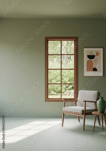 Minimal interior room with armchair and window natural light with copy space