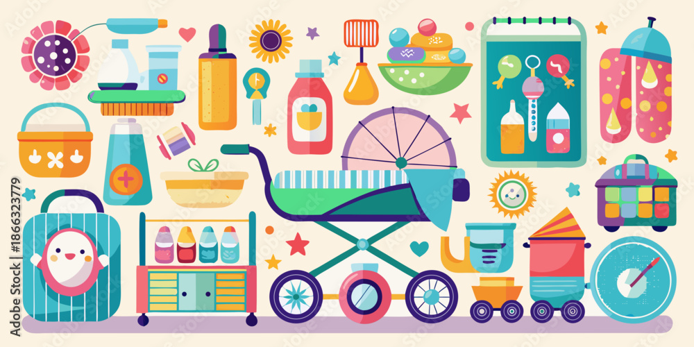 Fototapeta premium Colorful baby items and toys for nursery and parenting needs in colorful pastel tone vector illustration