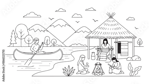 Line Art Depiction of Indigenous Community by River with Mountains