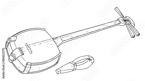 Black and White Line Drawing of a Traditional Stringed Instrument