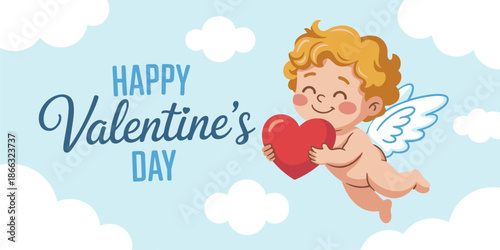 Cute cartoon cupid holding red heart for happy Valentines Day celebration in sky with clouds angelic character illustration romantic message greeting card design love holiday concept for social media