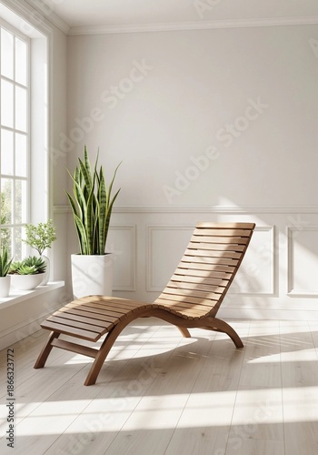 Scandinavian interior with wooden lounge chair and natural light copy space