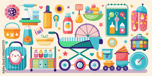 Colorful baby items and toys for nursery and parenting needs in colorful pastel tone vector illustration