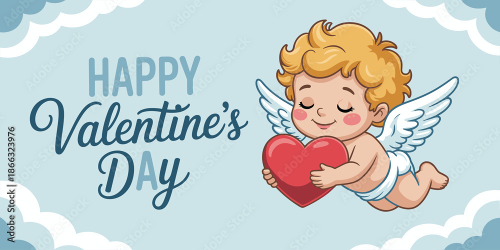 Fototapeta premium Cute cartoon cupid flying with heart for Happy Valentines Day greeting card holiday celebration romantic love message character illustration for social media marketing banner template seasonal adverti