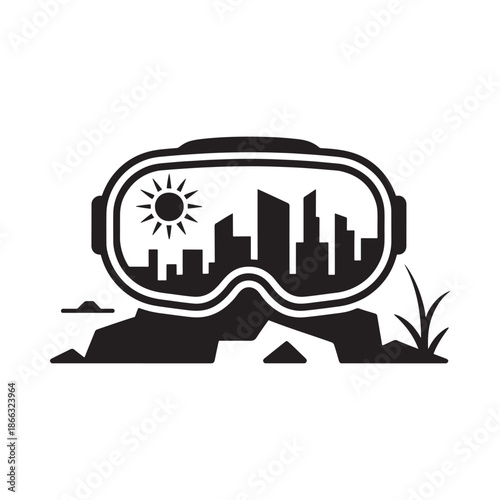 Ski goggles reflecting a cityscape with sun and mountainous terrain