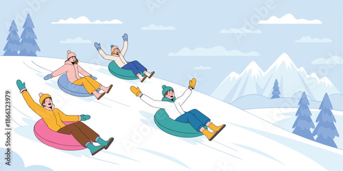 Happy diverse young people tubing down snowy hill together having fun outdoors winter vacation activity concept energetic friends enjoying extreme downhill ride for holiday marketing advertising socia