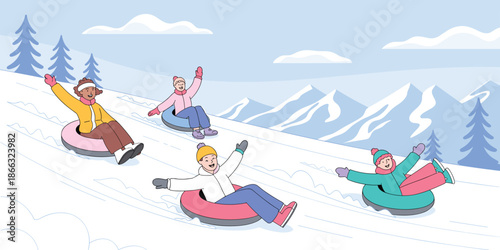 Happy diverse group of friends snow tubing down snowy hill on inflatable tubes winter fun activity cheerful cartoon characters enjoying winter vacation holiday season for social media marketing advert