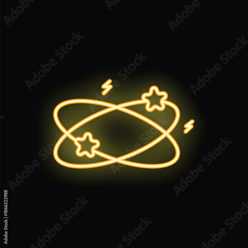 Yellow neon dizziness symbol with stars and electricity is glowing on black background