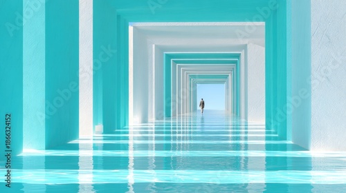 Serene Pathway Through Aqua Blue Dimensions Leading Towards Bright Horizon with Reflection on Calm Water Surface