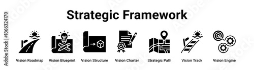 Strategic Framework web banner icon vector illustration concept for business with icon of Vision Roadmap, Vision Blueprint, Vision Structure, Vision Charter, Strategic Path, Vision Track.