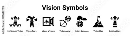 Vision Symbols web banner icon vector illustration concept for business with icon of Lighthouse Vision, Vision Tower, Vision Window, Vision Arrow, Vision Compass, Vision Flag.