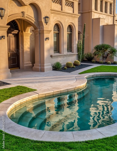 Luxury house exterior with swimming pool and garden