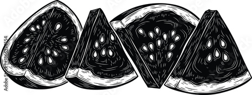 Black and white watermelon slice vector illustration, hand drawn fruit wedges with seeds, vintage engraving style food artwork for packaging, branding, and print design
