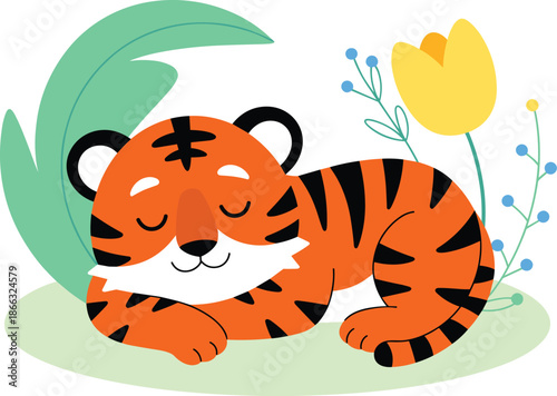 Cute cartoon tiger cub sleeping peacefully among flowers adorable orange striped wildcat character illustration for children's book animal welfare campaign wildlife conservation project educational re