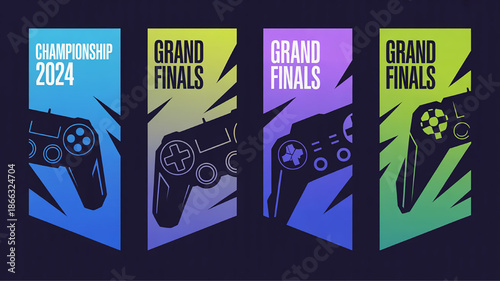 Collection of Grand Finals Championship 2024 banners featuring game controllers perfect for esports events and gaming promotions