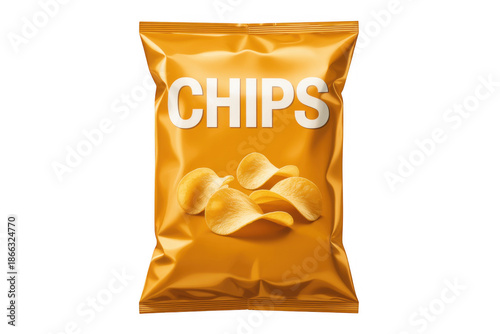 Yellow chip bag with white text and potato chips isolated on a transparent background