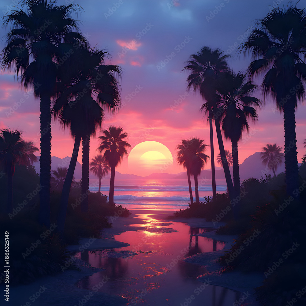 Obraz premium Palm trees at tropical beach during colorful sunset