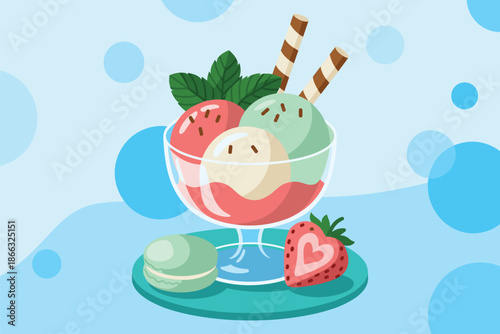Delicious ice cream sundae with colorful scoops in glass bowl topped with wafer sticks and mint leaves tasty dessert treat presentation for cafe menu promotion catering events food blog recipe website