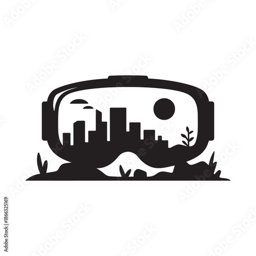 Virtual reality goggles displaying a cityscape with a sun and natural elements