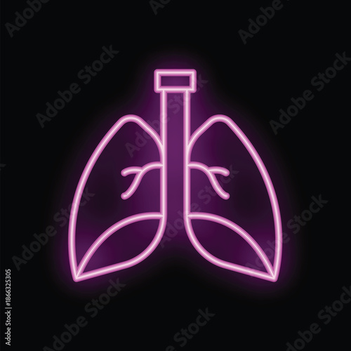 Neon sign representing healthy human lungs, glowing pink on black background