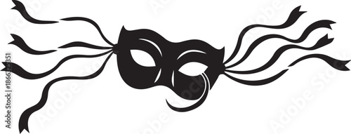 Black masquerade mask with flowing ribbons on white background