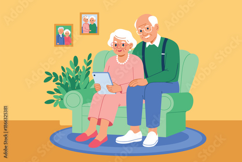 Happy elderly couple using tablet computer together at home senior man and woman browsing online social media internet in living room relationship grandparents lifestyle technology communication illus
