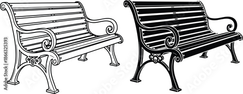 Classic park bench vector illustration, vintage outdoor seating with ornate metal frame and wooden slats, detailed black and white line art for urban, garden, and street furniture design
