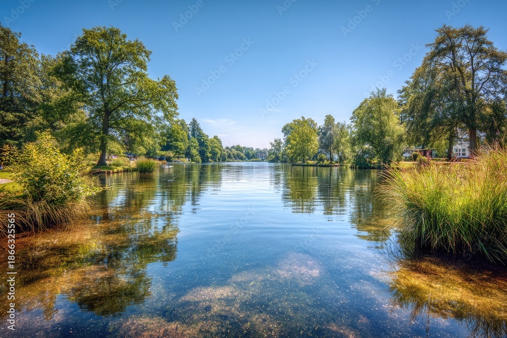 Fototapeta premium Serene landscape with a calm lake reflecting the blue sky and surrounding greenery