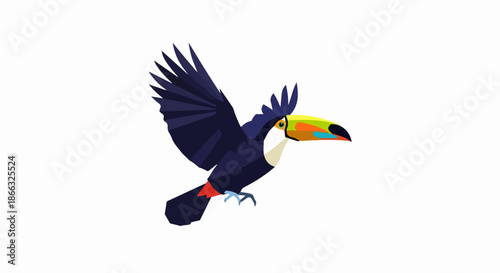 Toucan Flying with Large Colorful Beak.
