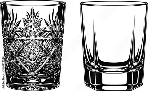 Crystal drinking glass vector illustration, cut glass tumbler and modern clear glass design, black and white line art drinkware for bar, kitchen, and beverage branding projects