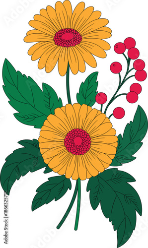 Vibrant gerbera daisy floral arrangement with red berries and green leaves illustration for spring summer designs cheerful flower bouquet graphic element template for wedding invitations greeting card
