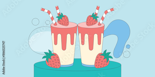 Strawberry smoothies with straws on display illustration refreshing summer drink with fresh strawberries topping on blue background for menu designs product packaging restaurant advertising food blog