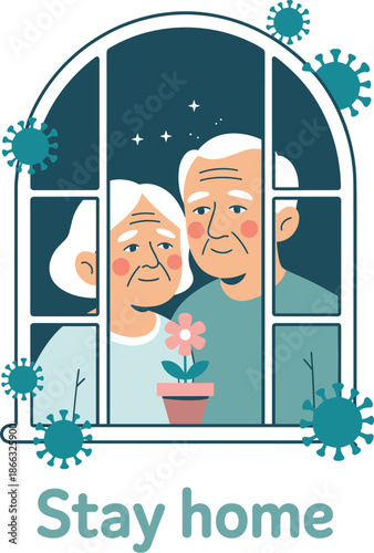 Elderly couple staying home during pandemic looking out window with flowerpot at night senior citizens quarantine self isolation illustration for healthcare awareness campaign medical safety and disea