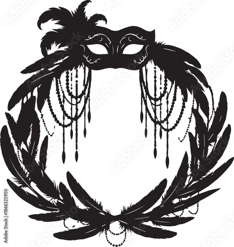 Ornate masquerade mask and laurel wreath silhouette