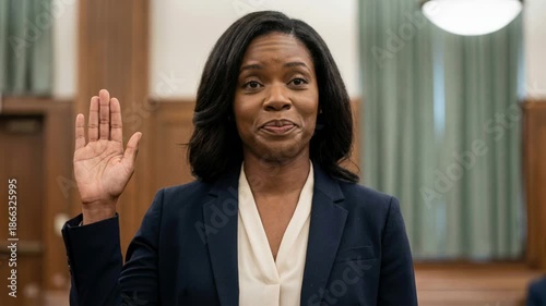 Confident black female lawyer taking oath in courtroom, raising right hand and smiling during formal legal swearing in ceremony