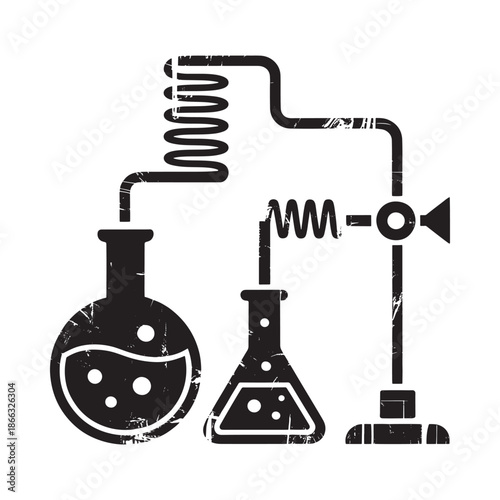 A stylized depiction of laboratory glassware and a coiled apparatus