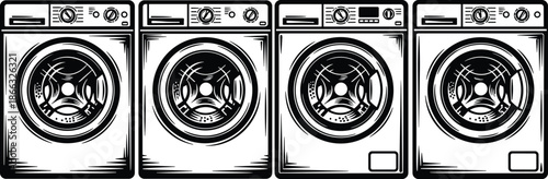 Front loading washing machines vector illustration set, modern laundry appliances collection, black and white household equipment isolated design